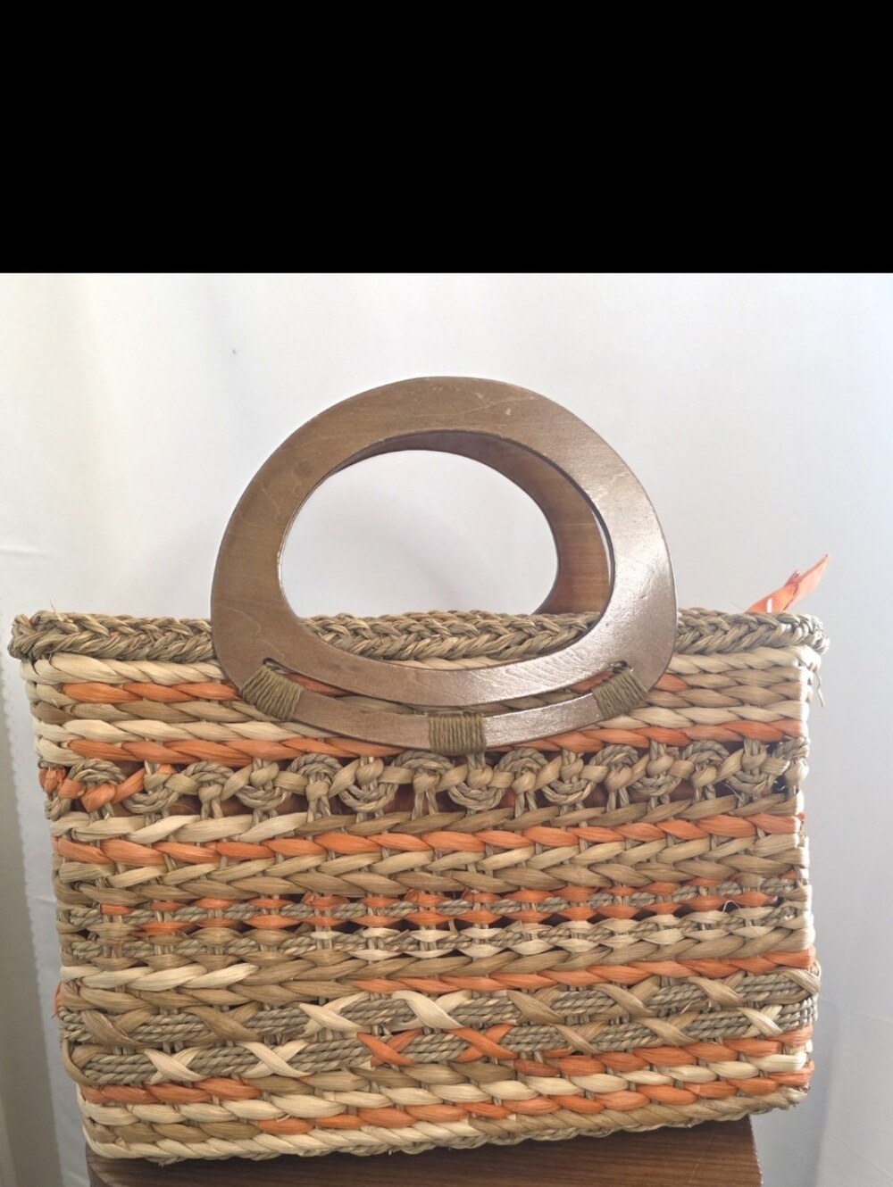 Woven Straw Tote Bag with Wooden Handles - Natural & Orange